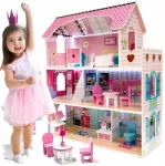 Doll House Medinis lėlių namas, 3 auk&scaron;tų, su LED ap&scaron;vietimu ir baldų komplektu