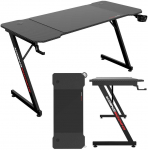 Žaidimų stalas 140 cm su kilimėliu, puodelio laikikliu, ausinių kabliu, juodas kompiuterio stalas, ergonomi&scaron;ka žaidimų stotis, PC stalas, konsolės stalas