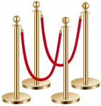 Atitvarų stulpeliai, auksinė apdaila, su raudonomis aksominėmis virvėmis, minios valdymo užtvarai, eilių stulpeliai