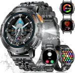 Esfoe i&scaron;manusis laikrodis vyrams su 530 Mah baterija, 1.43 colio karinis i&scaron;manusis laikrodis su led žibintuvėliu, telefono funkcija, 3atm atsparus vandeniui tvirtas lauko laikrodis su 24 val. sveikatos patikra, skirtas android ios, 3 dirželiai