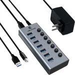 Usb 3.0 &scaron;akotuvas, usb 7-in-1 adapteris su aktyviu 3.0 maitinimu, usb 3.0 &scaron;akotuvas su 7 usb-a prievadais, 100 cm kabelis, 24 w (12v/2a) maitinimo dokas ir atskiras jungiklis su led indikatoriumi