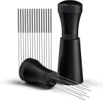 Foonii Wdt įrankis, nuimamas kavos skirstytuvas su stovu su 7 espresso adatomis 0,3 mm, aliuminio Wdt įrankis espresso kavos skirstytuvas, dovanos baristoms (juodas)