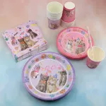 Cat Party rinkinys, stalo įrankiai vakarėliui, vaikų gimtadienio gyvūnai, įskaitant popierines lėk&scaron;tes, desertines lėk&scaron;tes, servetėles, staltieses, puodelius, &scaron;iaudelius, 40 svečių