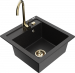 Granitinė virtuvinė plautuvė Mexen Vito su mai&scaron;ytuvu ir sifonu, Metallic juodas/sidabrinis+Gold