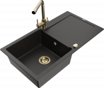 Granitinė virtuvinė plautuvė Mexen Leo su mai&scaron;ytuvu ir sifonu, Metallic juodas/auksinis+Gold