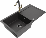 Granitinė virtuvinė plautuvė Mexen Leo su mai&scaron;ytuvu ir sifonu, Juodas granite+Juodas/Gold