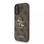 Guess PU 4G Metal Logo Strap dėklas skirtas Apple iPhone 16 rudos spalvos