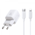 Joyroom JR-TG7 33W USB-A + USB-C sieninis įkroviklis su 30W USB-C - Lightning 1m laidu - baltas