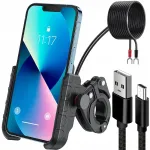 Motociklinis telefono laikiklis su usb įkrovikliu 12/24v + usb typ-c kabelis 20cm