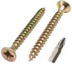 (150 vnt. pakuotė) Geltono cinko plieno 3,5 x 40 mm medvaržčiai, skirti medienos drožlių plok&scaron;tėms, universalūs Pozi Drive varžtai su įleista galvute (150, 3,5 x 40 mm)