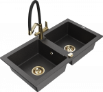 Granitinė virtuvinė plautuvė Mexen Mario su mai&scaron;ytuvu ir sifonu, Juodas granite+Juodas/Gold
