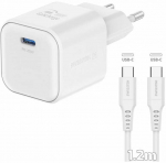 SWISSTEN Tinklo adapteris GaN USB-C + duomenų kabelis USB-C - USB-C 20W 1,2 m baltas