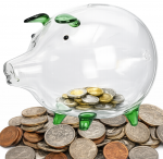 Stiklinė permatoma kiaulė taupyklė, didelė, pinigams, monetoms ir banknotams