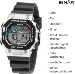 Sinar Xe-55-19 berniukų laikrodis, vyri&scaron;kas laikrodis retro stiliaus sportinis lauko skaitmeninis kvarcinis 10 bar su silikoniniu dirželiu ir &scaron;viesa juodas sidabras, sidabras, dirželis.
