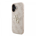 Guess PU 4G Metal Logo Strap dėklas skirtas Apple iPhone 16 rožinės spalvos