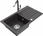 Granitinė virtuvinė plautuvė Mexen Pablo su mai&scaron;ytuvu ir sifonu, Juodas granite+Juodas granite/Chrome