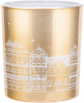 Golden glass candle holder with light interior, 9x10 cm, townhouses decoration