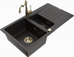 Granitinė virtuvinė plautuvė Mexen Matias su mai&scaron;ytuvu ir sifonu, Metallic juodas/auksinis+Gold