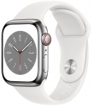 I&scaron;manusis laikrodis &bdquo;Apple Watch 8 GPS + Cellular&ldquo; 41 mm nerūdijančio plieno sportinis dirželis, sidabrinis/baltas (MNJ53EL/A)
