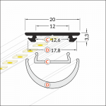 LED juostos profilis ARC12, anoduoto aliuminio sp., 2m, su dangteliu, užbaigimais ir tvirtinimo elementais