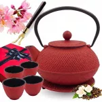 HAGE Ketaus arbatinukas raudonas 900ml su filtru ir puodeliais (PC1212Sred)