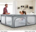 Moby-system maniežas su žaidimų kilimėliu, 200 x 160 cm, sulankstomas kūdikių veiklos centras, neslystantis pagrindas, vandeniui atspari medžiaga, su transportavimo krep&scaron;iu, pilkas