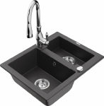 Granitinė virtuvinė plautuvė Mexen Carlos su mai&scaron;ytuvu ir sifonu, Juodas granite+Chrome