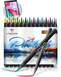 Lieberge Premium teptukų rinkinys - 24 akvarelės spalvos + 2 teptukai su vandens talpykla - teptukas su lanksčiu galiuku akvarelei, rankų ra&scaron;ymui, bullet journal, kaligrafijai