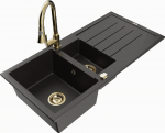 Granitinė virtuvinė plautuvė Mexen Andres su mai&scaron;ytuvu ir sifonu, Metallic juodas/auksinis+Gold