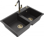Granitinė virtuvinė plautuvė Mexen Tomas su mai&scaron;ytuvu ir sifonu, Juodas granite+Juodas granite/Gold