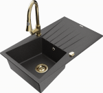Granitinė virtuvinė plautuvė Mexen Cesar su mai&scaron;ytuvu ir sifonu, Juodas granite+Gold