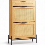 Rotango batų spintelė prie&scaron;kambariui, siaura, 2 atverčiami ir 1 stumdomas stalčius, batų organizatorius, &scaron;viesaus medžio spalva, avalynės dėžė