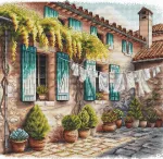 Ava Stitch Siuvinėjimo kryželiu rinkinys &bdquo;Kiemelis su vazonais&ldquo; 28,6 &times; 27,9 cm