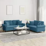 Sofa Sofos komplektas su pagalvėmis, 2 dalių, mėlynas, aksomas