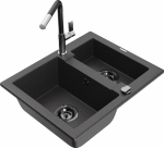 Granitinė virtuvinė plautuvė Mexen Carlos su mai&scaron;ytuvu ir sifonu, Juodas granite+Juodas/Chrome