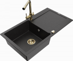 Granitinė virtuvinė plautuvė Mexen Leo su mai&scaron;ytuvu ir sifonu, Metallic juodas/sidabrinis+Gold