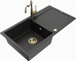 Granitinė virtuvinė plautuvė Mexen Leo su mai&scaron;ytuvu ir sifonu, Metallic juodas/sidabrinis+Gold