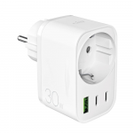 Puro 30 W maitinimo įkroviklis su Schuko ki&scaron;tuku ir lizdu, 2x USB-C + 1x USB-A - Baltas