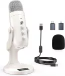 ZealSound USB kondensatorinis mikrofonas su triuk&scaron;mo mažinimu, ausinių stebėjimu, Plug&Play, K66 Pearl Baltas