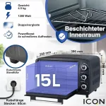 Vaflinė Kompakti&scaron;ka mini orkaitė Icqn 15 litrų, 1200 W, 60 minučių laikmatis, 3 gaminimo funkcijos, 90&deg;-230&deg;c, maža kempingo orkaitė, antracito spalvos, 2 metų garantija