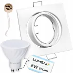 Halogeninio rėmelio komplektas baltas kvadratinis + Gu10 Led lemputė 8w neutrali