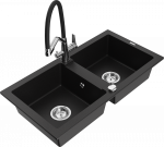 Granitinė virtuvinė plautuvė Mexen Mario su mai&scaron;ytuvu ir sifonu, Juodas+Juodas/Chrome