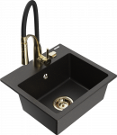 Granitinė virtuvinė plautuvė Mexen Milo su mai&scaron;ytuvu ir sifonu, Metallic juodas/auksinis+Juodas/Gold