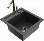 Granitinė virtuvinė plautuvė Mexen Vito su mai&scaron;ytuvu ir sifonu, Juodas granite+Juodas granite/Gold