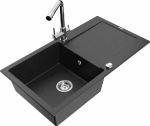 Granitinė virtuvinė plautuvė Mexen Leo su mai&scaron;ytuvu ir sifonu, Metallic juodas/sidabrinis+Chrome