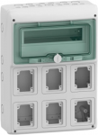Schneider 13181 Mureva IP65 ant pavir&scaron;iaus montuojami skirstomieji įrenginiai 1x12, skirti gMRV-1-12+1-NT-T/6 lizdams 6 skylės 90x100mm 13181