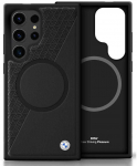 Dėklas BMW Leather Half Textured MagSafe Samsung Galaxy S25 Ultra juodos spalvos
