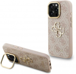 Guess PU 4G Metal Logo Stand Camera Frame dėklas skirtas Apple iPhone 15 Pro Max rožinės spalvos
