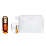 Set Clarins: Double Anti-Ageing Serum For Face, 50 ml + Cryo-Flash Firming & Radiance Kreminis Mask For Face, 15 ml + Lip Confort Lip Oil 01 1.4 ml *Miniature + Clarins Zippered GWP Textile Pouch Baltas