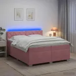 Lova su čiužiniu ir LED ap&scaron;vietimu Rožinė 200 x 200 cm Aksomas